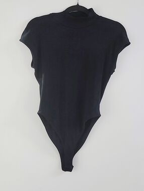 Zara Black Ribbed Sleeveless Mock Neck Bodysuit - Size L